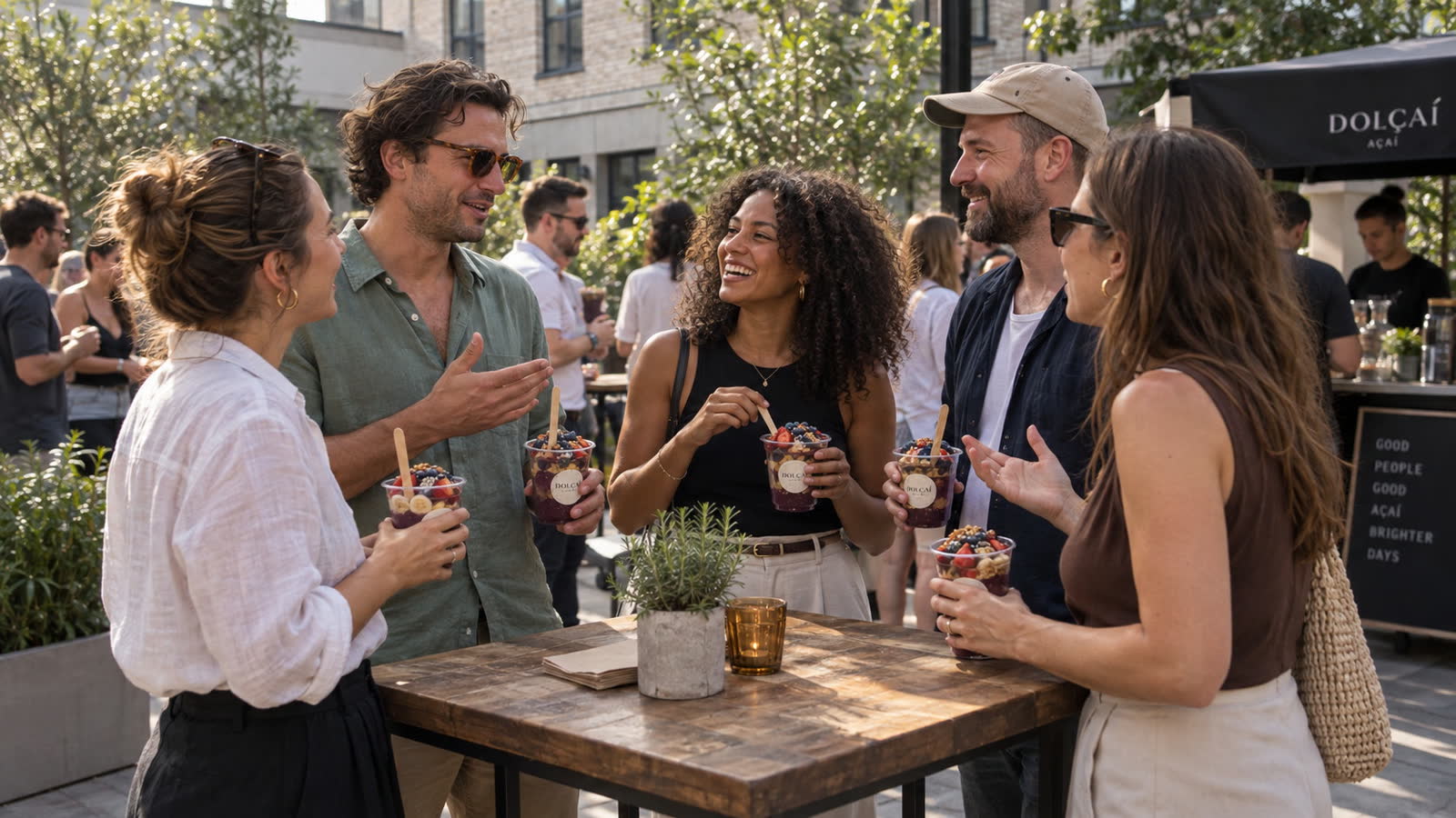 Gäste genießen Dolçaí-Becher bei einem sommerlichen Firmenevent