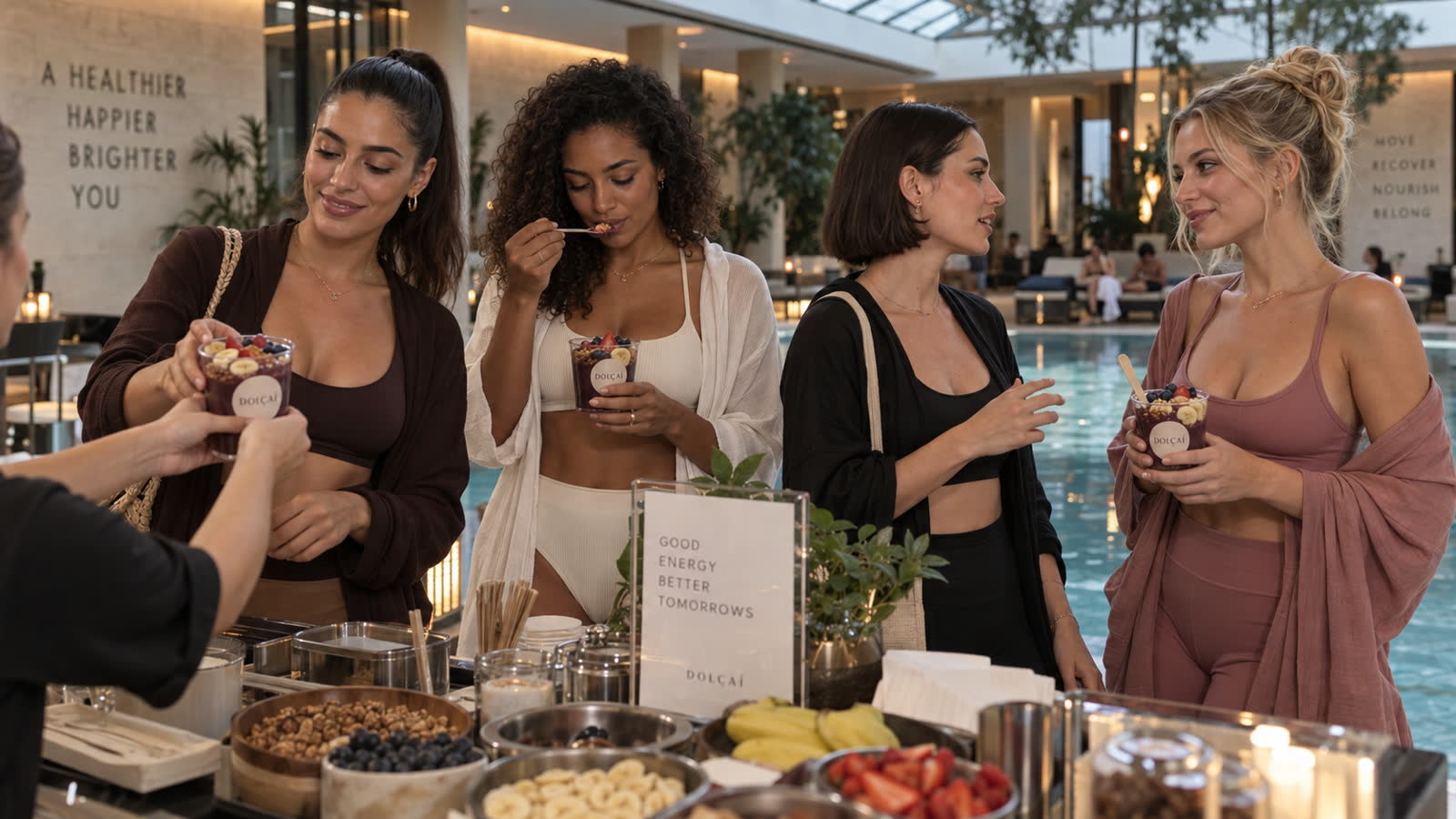Junge Wellness-Creatorinnen an einer Açaí-Bar am Indoor-Pool