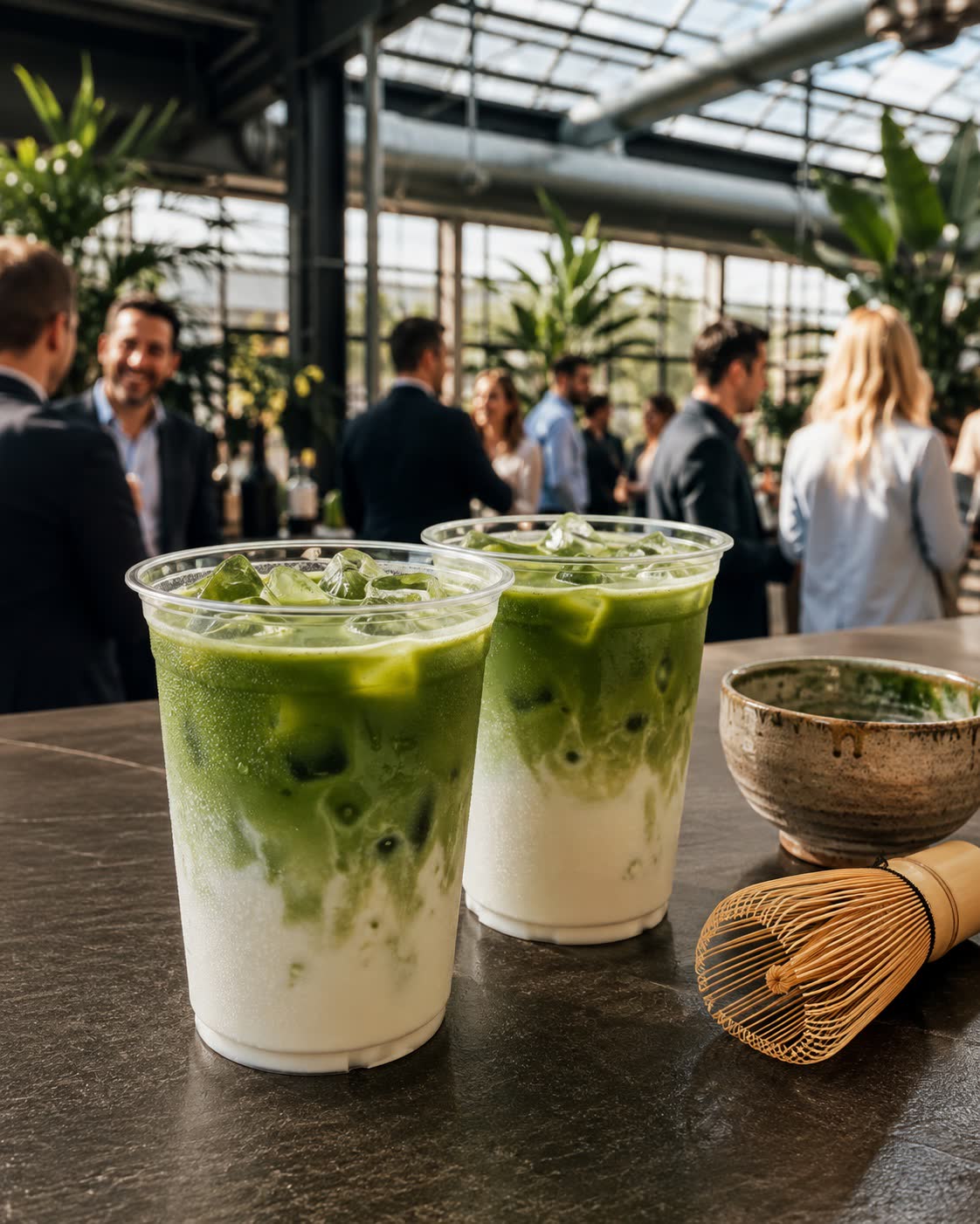 Zwei frisch zubereitete Matcha-Drinks als Beispiel für die Getränkeausgabe