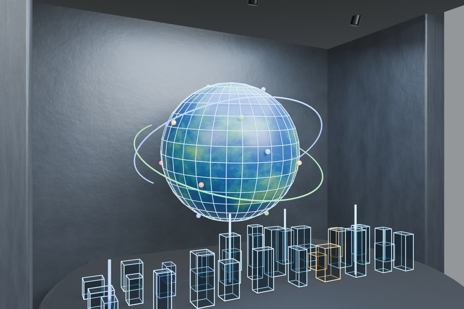 Ein leuchtender Globus, farbige Umlaufbahnen und eine modellierte Datenstadt machen Vernetzung räumlich sichtbar.